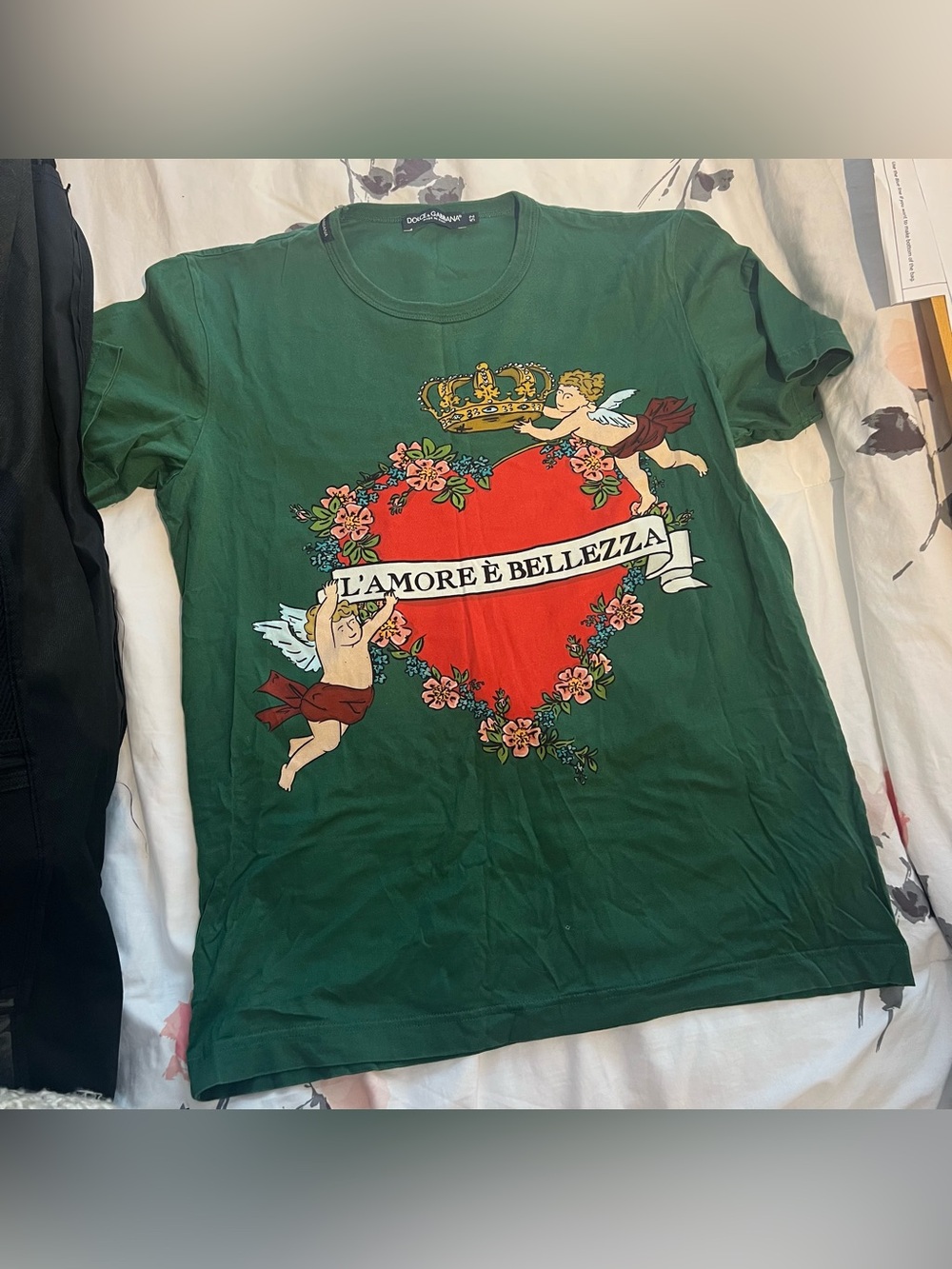 Dolce & Gabbana Cotton Green Tee Shirt with Gold Crown Graphic